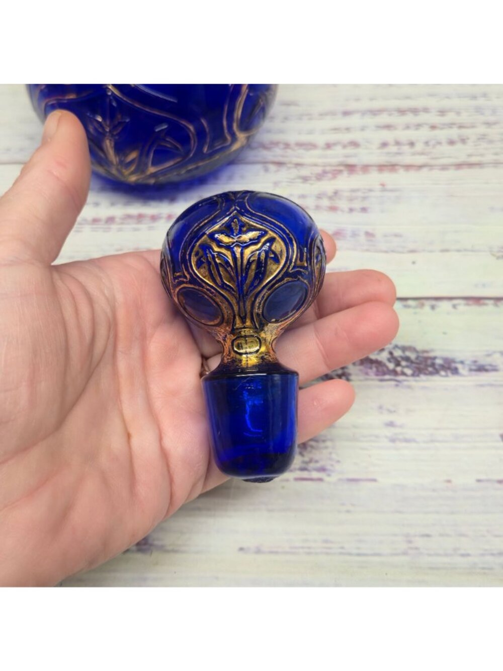 Vintage Cobalt Blue bohemian glass perfume bottle Hand-Painted Gold Floral - Picture 10 of 16